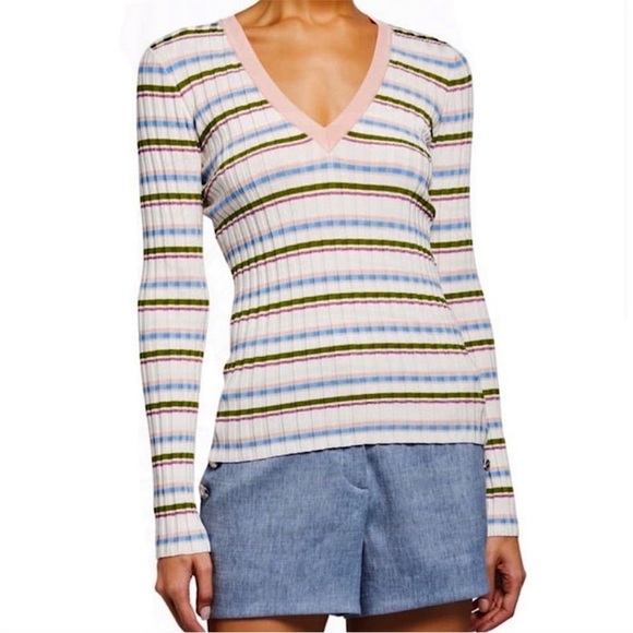 NWT VERONICA BEARD Metallic Striped Rib Knit V-Neck Long Sleeve Slim Sweater M - Picture 3 of 7